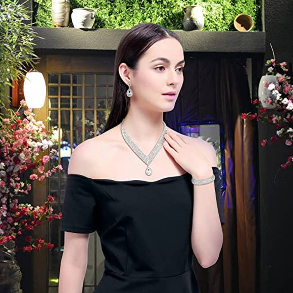 Rhinestone Necklace Bangle Bracelet Crystal Teardrop Dangle Earrings Set Bridal - Picture 3 of 7